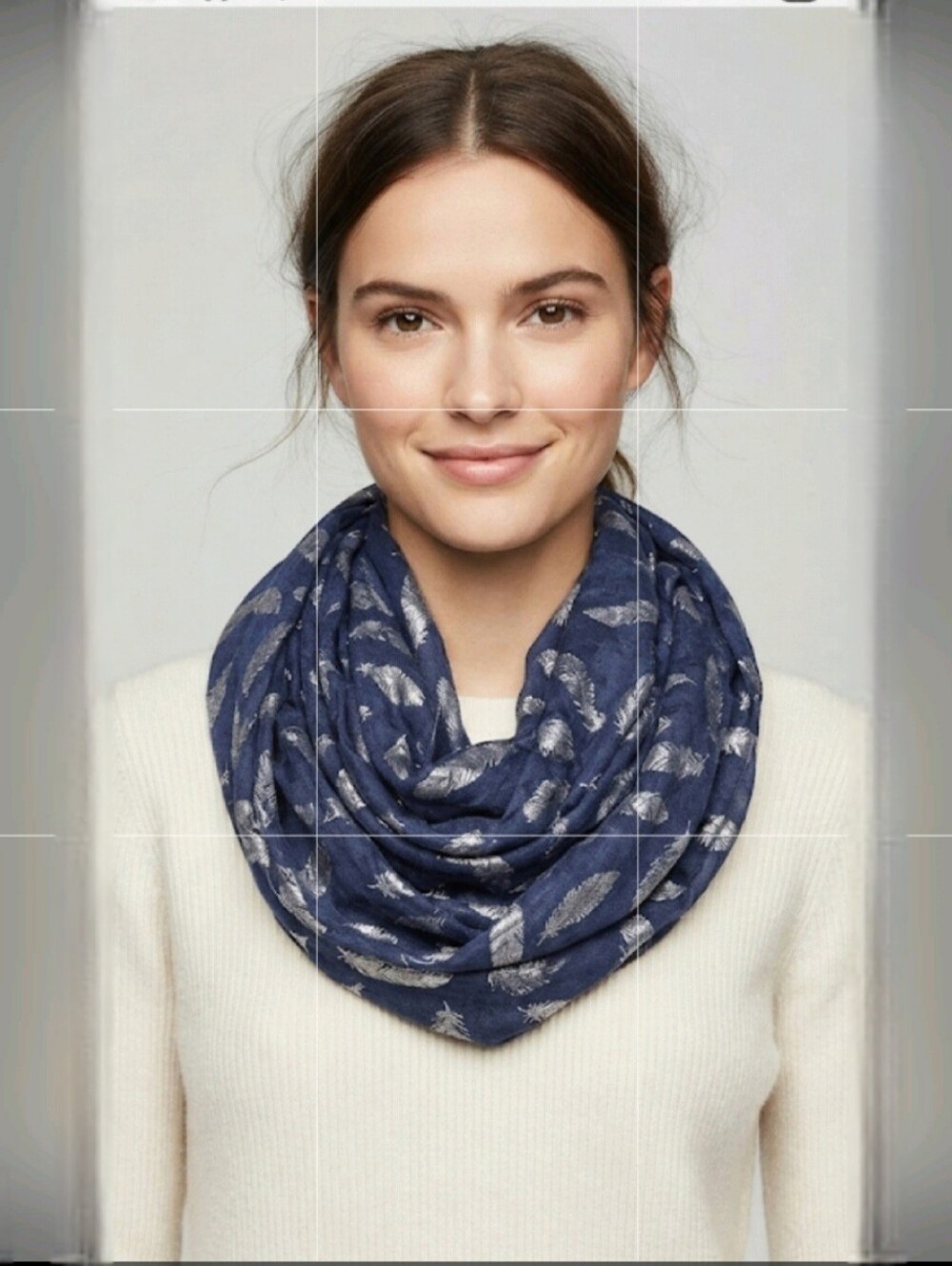 Navy Blue Silver Feather Print Infinity Scarf Loop